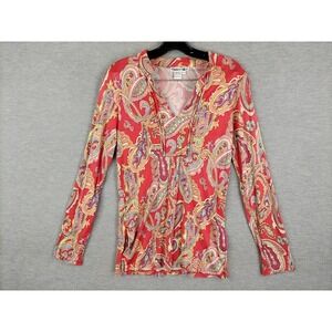 Wintersilks Womens Shirt Medium Orange Paisley Floral Silk Blend Boho Art Wear